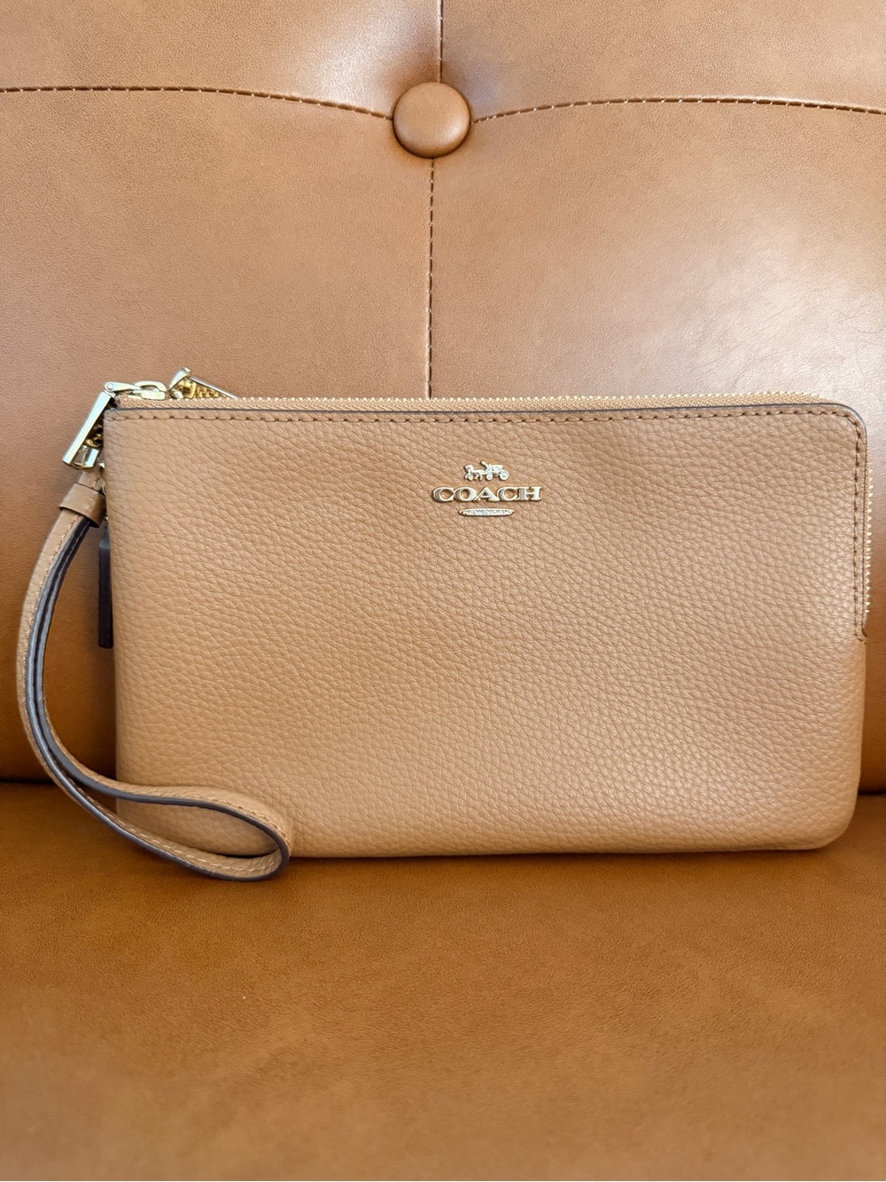 Coach Cognac Leather Zip Pouch with Gold Hardware